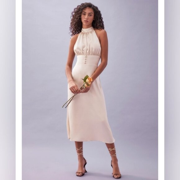 Reformation Kailey Almond Silk Midi Dress Womens Bridesmaid Party Halter Dress 8 - Picture 1 of 16